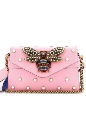 Gucci Pink Pearl-Studded Bee Shoulder Bag with Gold Chain